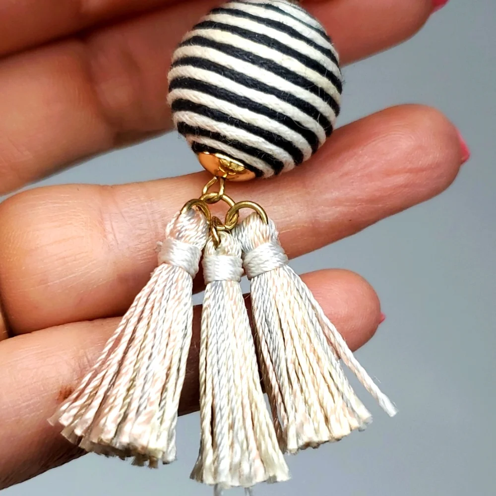 SugarFix Dangly Boho Earrings in Black White Stripped Pastel Tassels